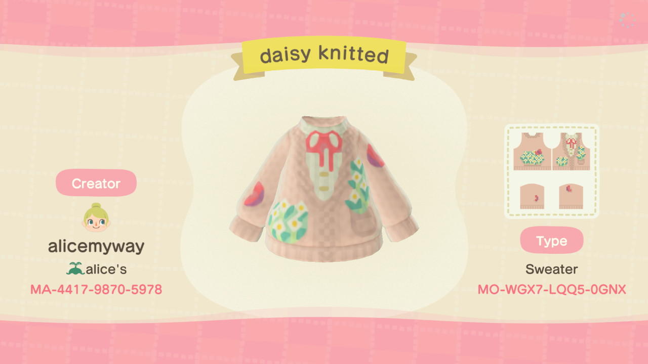 Animal Crossing Design Code: MO-WGX7-LQQ5-0GNX Daisy knitted cardig