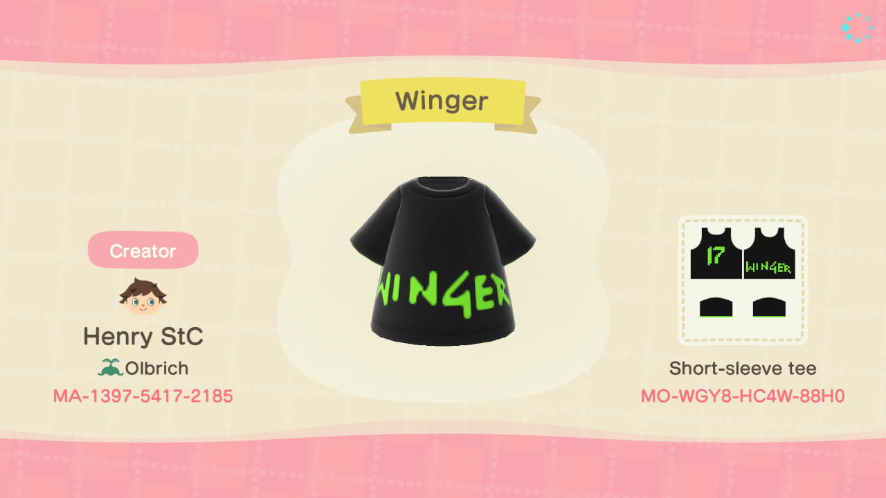 Animal Crossing Design Code: MO-WGY8-HC4W-88H0 Winger