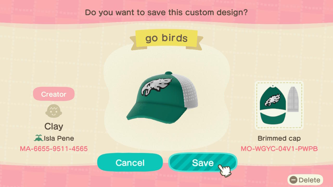 Animal Crossing Design Code: MO-WGYC-04V1-PWPB Eagles Mesh Back Cap