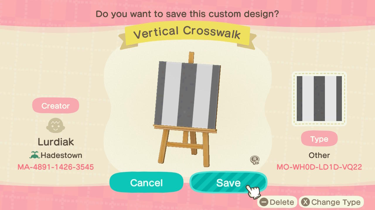 Animal Crossing Design Code: MO-WH0D-LD1D-VQ22 Vertical Crosswalk