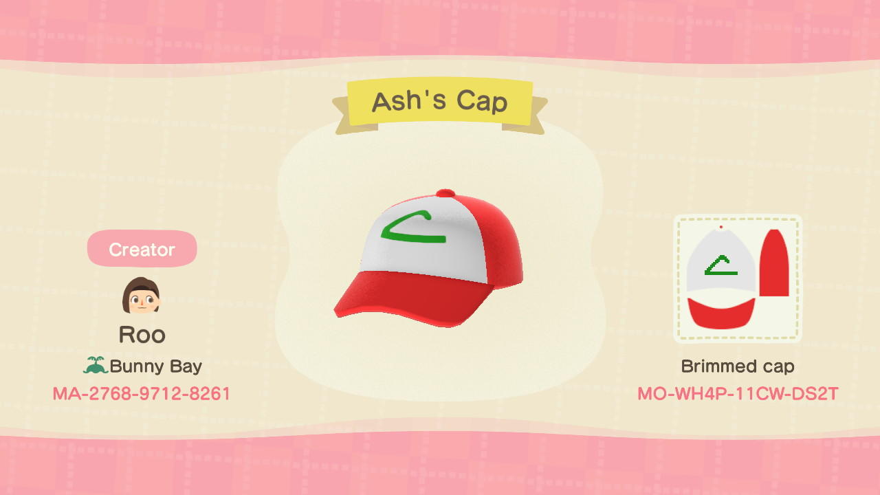 Animal Crossing Design Code: MO-WH4P-11CW-DS2T Ashâ€™s Cap