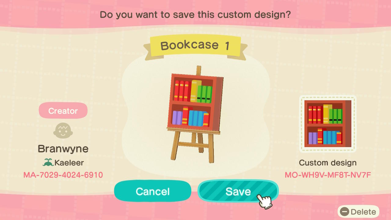 Animal Crossing Design Code: MO-WH9V-MF8T-NV7F Bookcase 1
