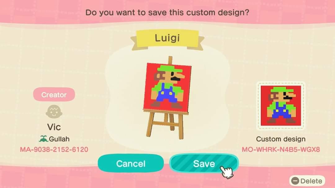 Animal Crossing Design Code: MO-WHRK-N4B5-WGX8 Luigi(Red)