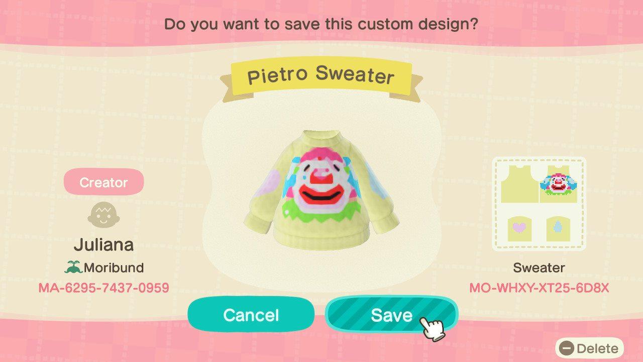 Animal Crossing Design Code: MO-WHXY-XT25-6D8X Pietro Sweater