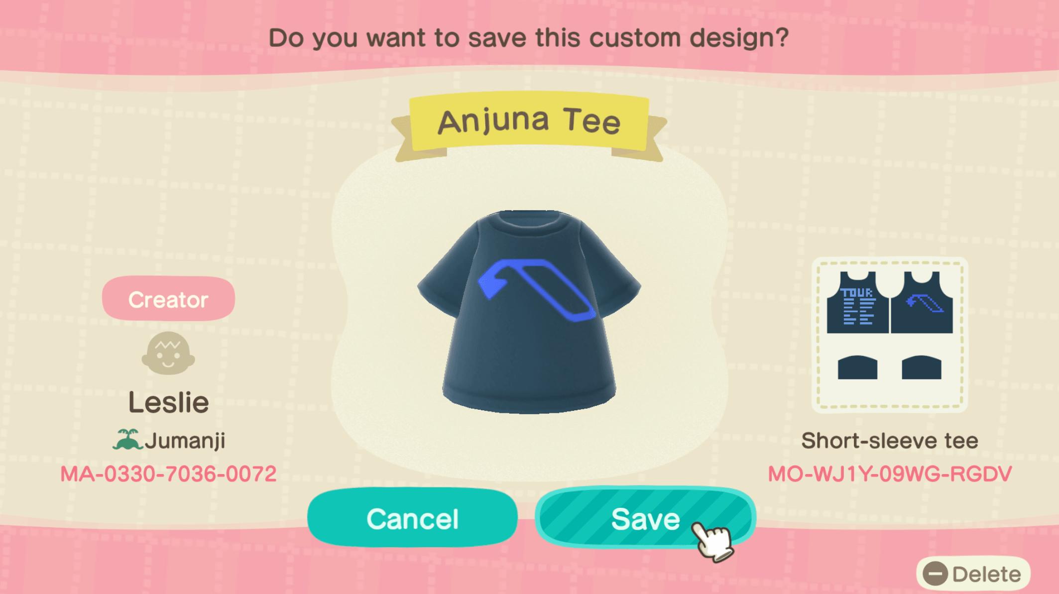 Animal Crossing Design Code: MO-WJ1Y-09WG-RGDV Anjunabeats Tour Tee