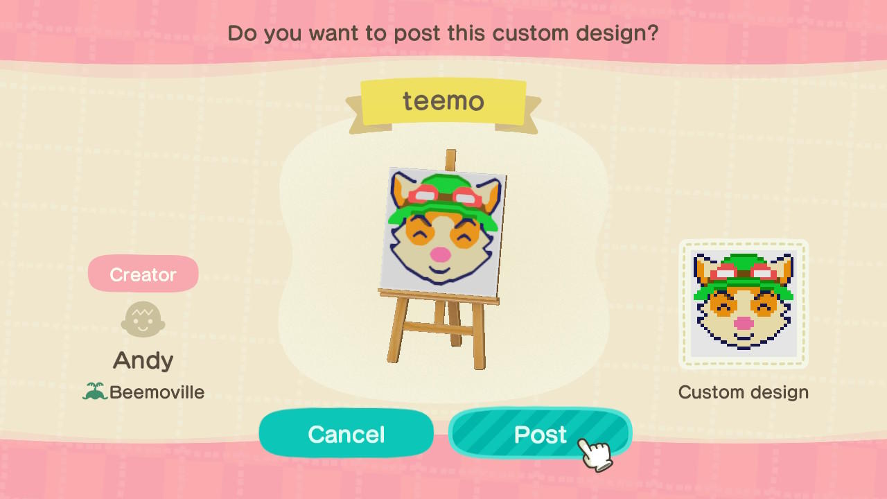 Animal Crossing Design Code: MO-WJ4B-3KJR-7TNJ Teemo - LoL