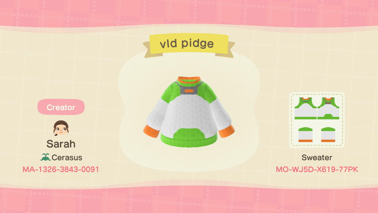 Animal Crossing Design Code: MO-WJ5D-X619-77PK vld pidge