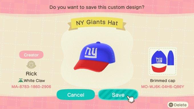 Animal Crossing Design Code: MO-WJ6K-04H6-Q86Y NY Giants Hat