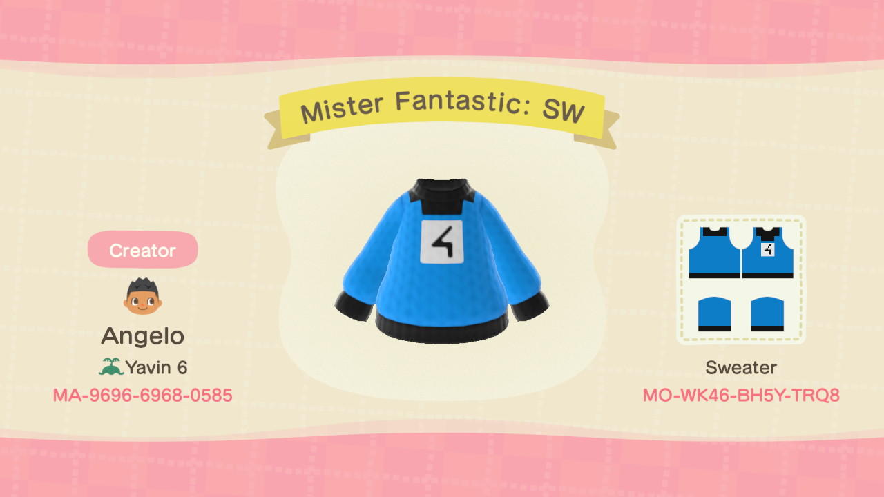 Animal Crossing Design Code: MO-WK46-BH57-TRQ8 Mister Fantastic: SW