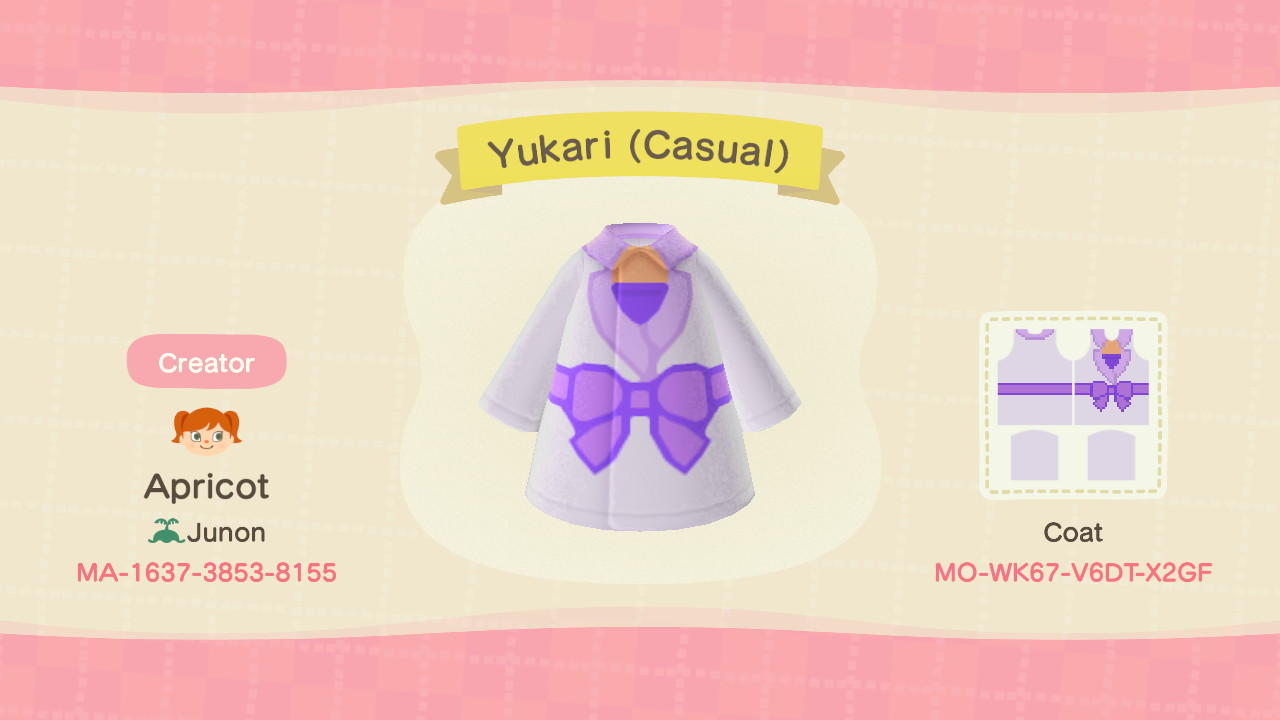 Animal Crossing Design Code: MO-WK67-V6DT-X2GF Yukari (Casual)