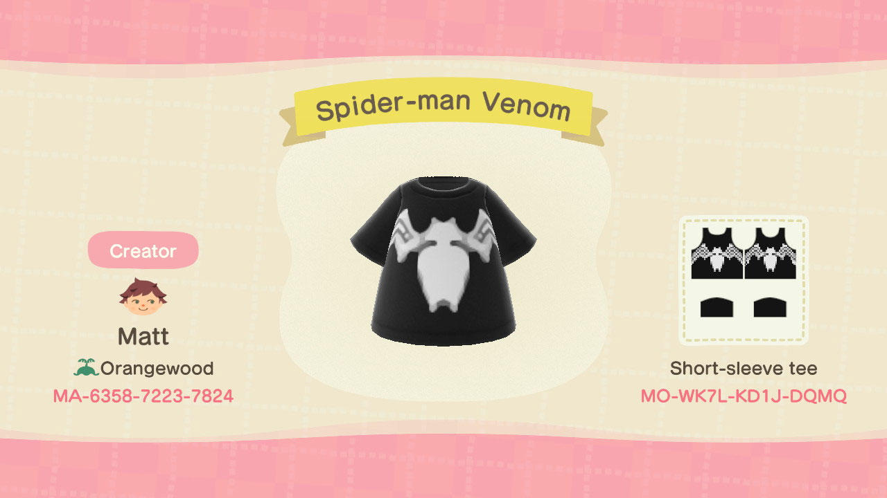 Animal Crossing Design Code: MO-WK7L-KD1J-DQMQ Spider-Man Venom