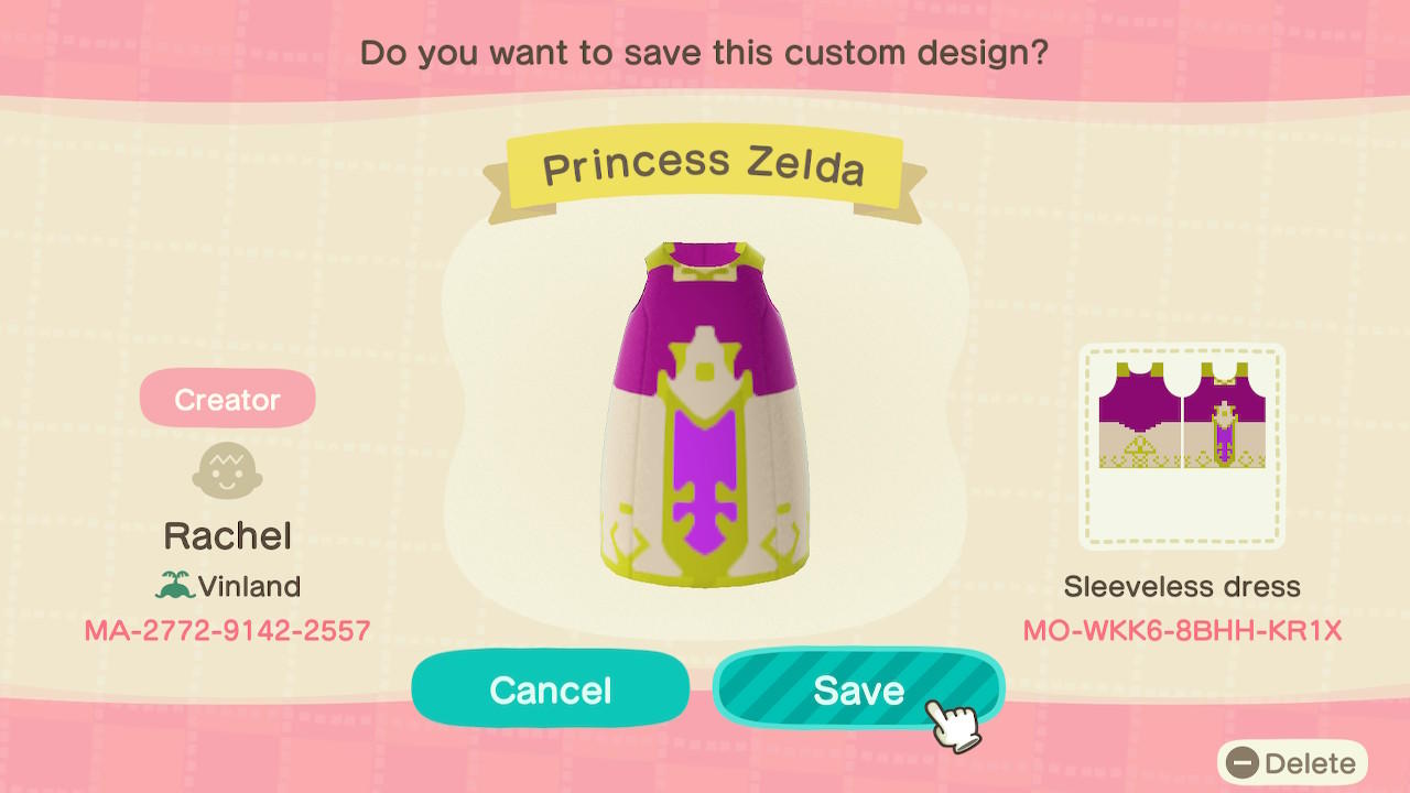 Animal Crossing Design Code: MO-WKK6-8BHH-KR1X Princess Zelda
