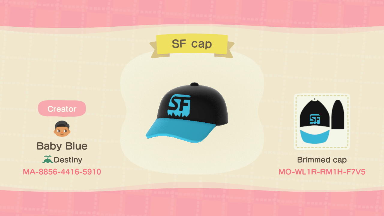 Animal Crossing Design Code: MO-WL1R-RM1H-F7V5 SF cap