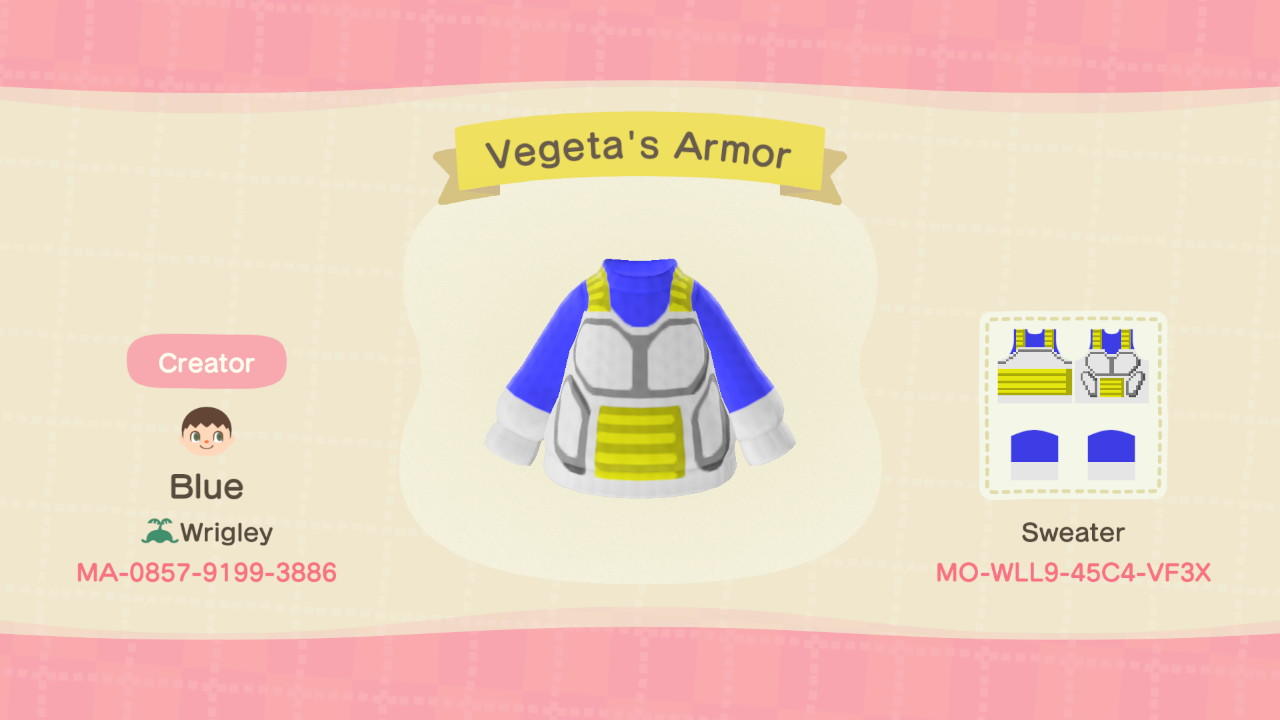 Animal Crossing Design Code: MO-WLL9-45C4-VF3X Vegeta&#39;s Armor