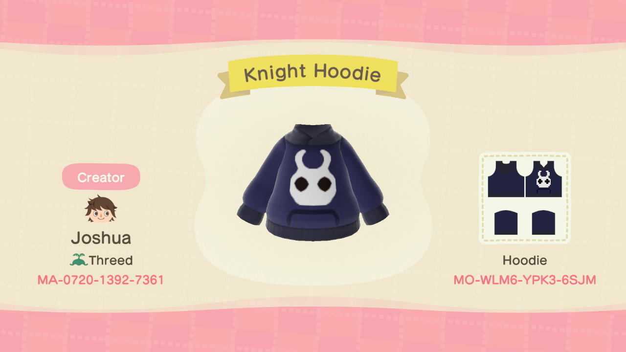 Animal Crossing Design Code: MO-WLM6-YPK3-6SJM Hollow Knight Hoodie