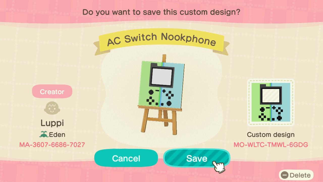 Animal Crossing Design Code: MO-WLTC-TMWL-6GDG AC Switch Nookphone