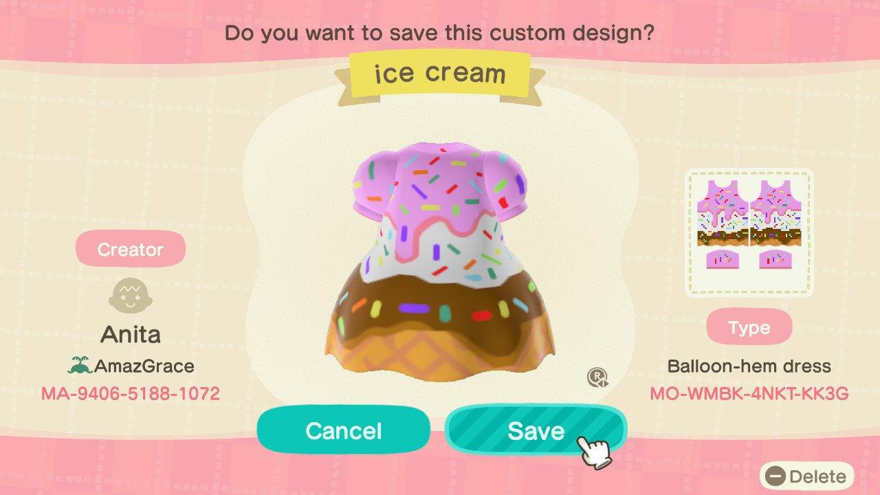 Animal Crossing Design Code: MO-WMBK-4NKT-KK3G Ice cream dress