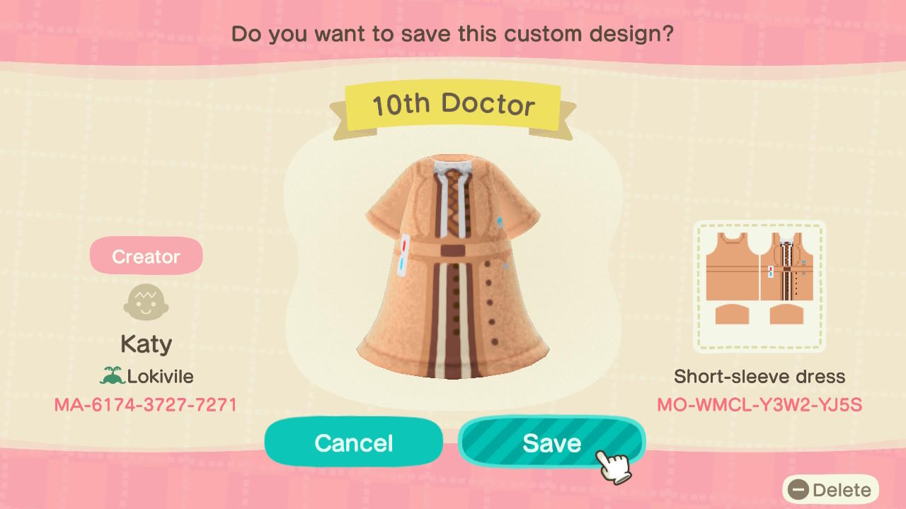 Animal Crossing Design Code: MO-WMCL-Y3W2-YJ5S 10th Doctor
