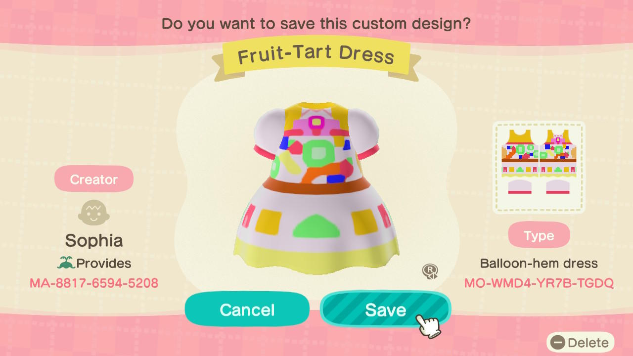 Animal Crossing Design Code: MO-WMD4-YR7B-TGDQ Fruit-Tart Dress