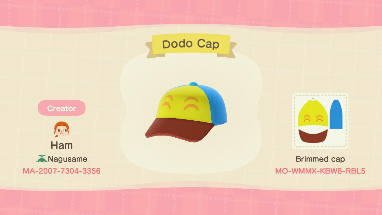 Animal Crossing Design Code: MO-WMMX-KBW8-RBL5 Dodo Cap