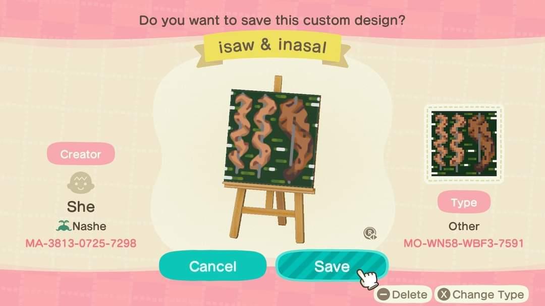 Animal Crossing Design Code: MO-WN58-WBF3-7591 isaw & inasal