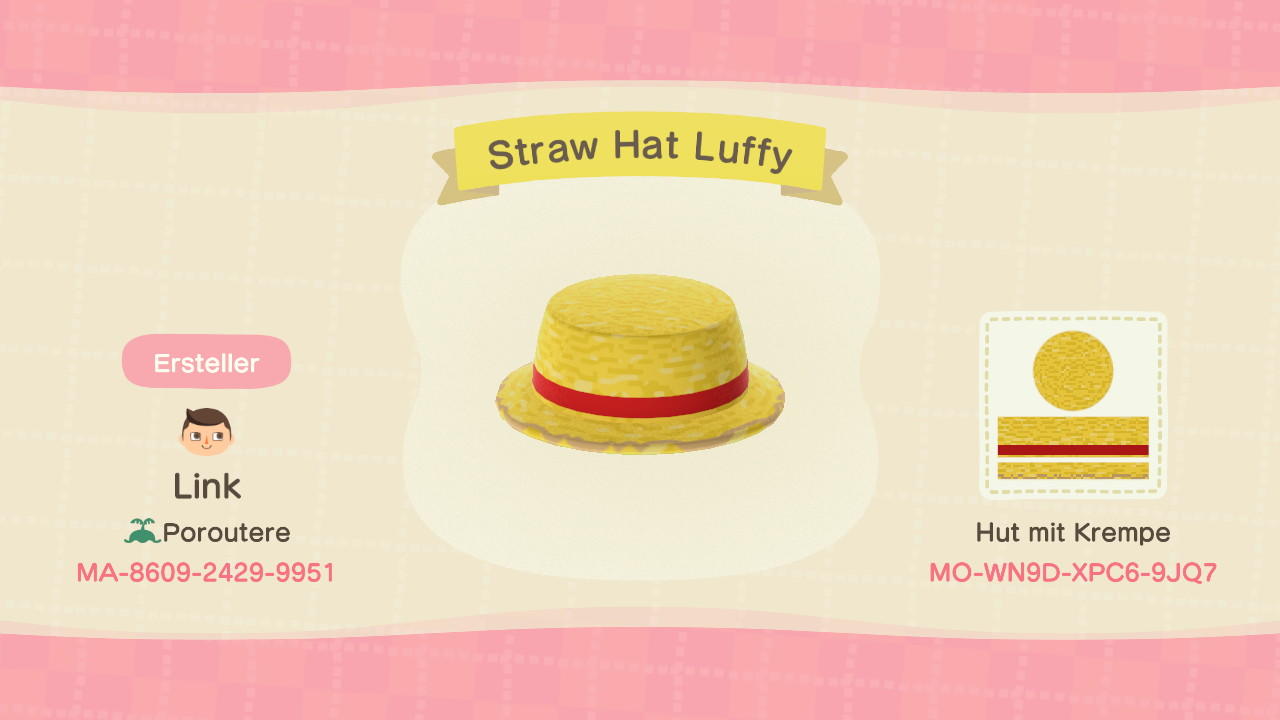 Animal Crossing Design Code: MO-WN9D-XPC6-9JQ7 Straw Hat Luffy