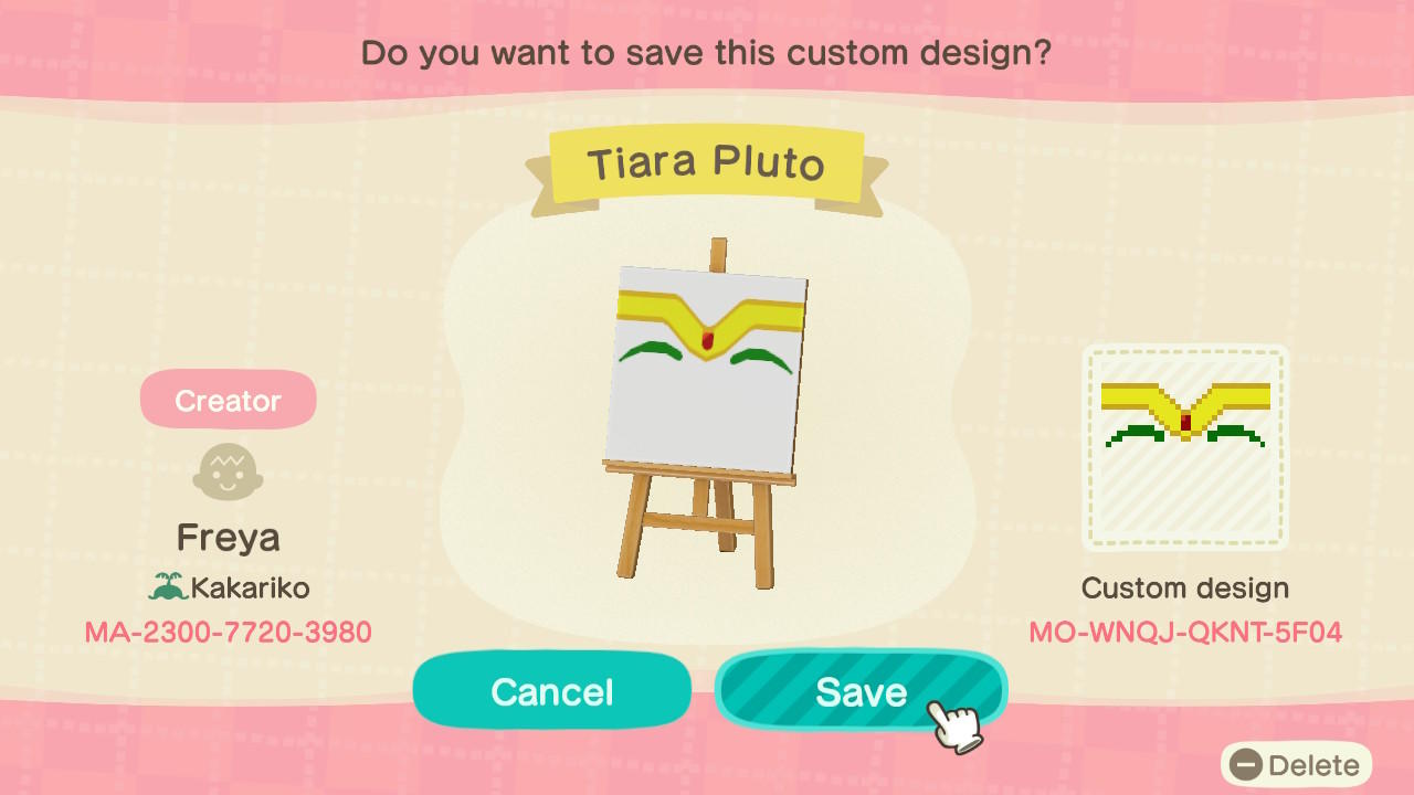 Animal Crossing Design Code: MO-WNQJ-QKNT-5F04 Sailor Pluto Tiara