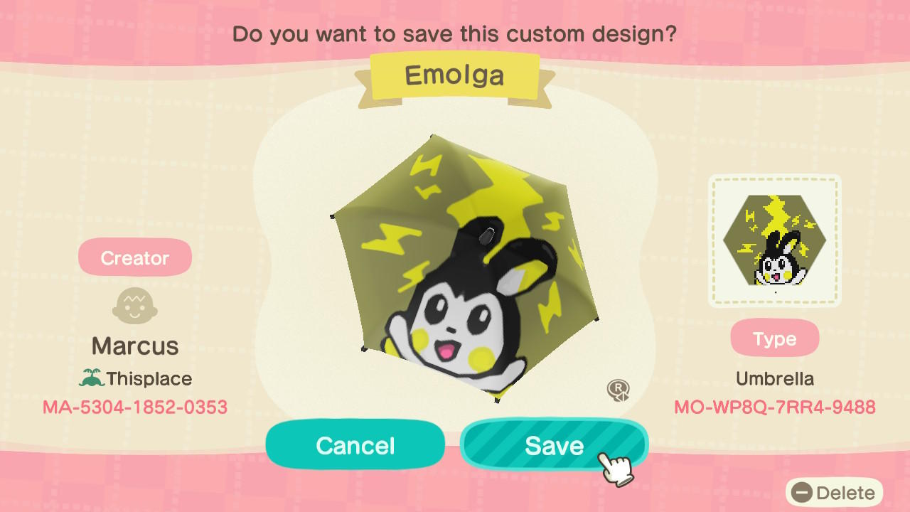 Animal Crossing Design Code: MO-WP8Q-7RR4-9488 Emolga Umbrella