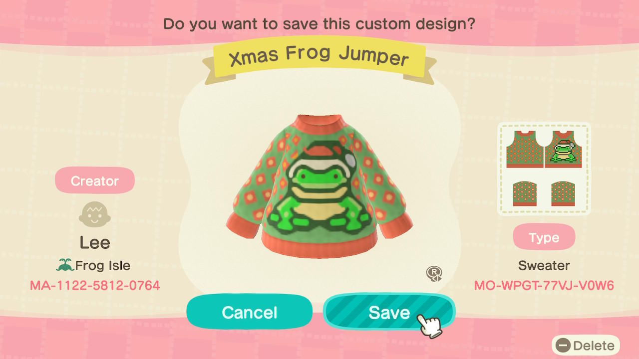 Animal Crossing Design Code: MO-WPGT-77VJ-V0W6 Xmas Frog Jumper