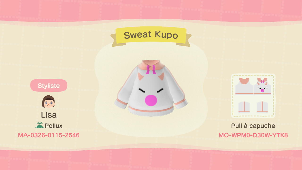 Animal Crossing Design Code: MO-WPM0-D30W-YTK8 Sweat Kupo