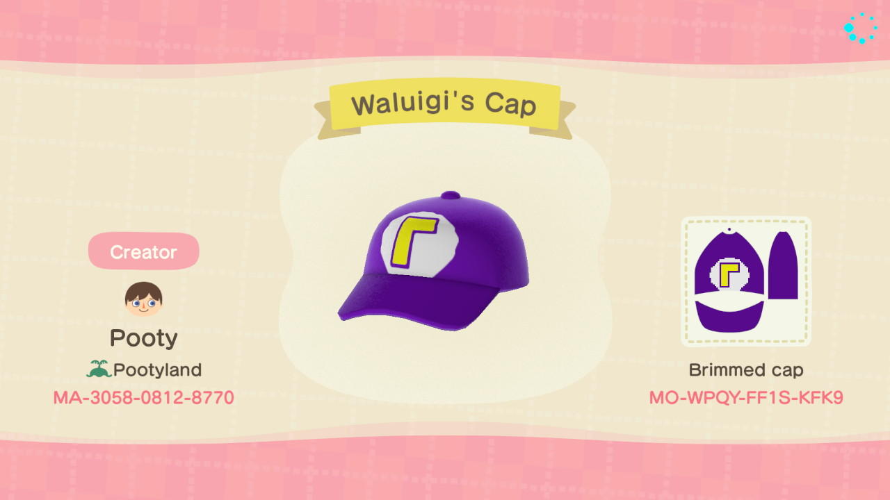 Animal Crossing Design Code: MO-WPQY-FF1S-KFK9 Waluigi&#39;s Cap
