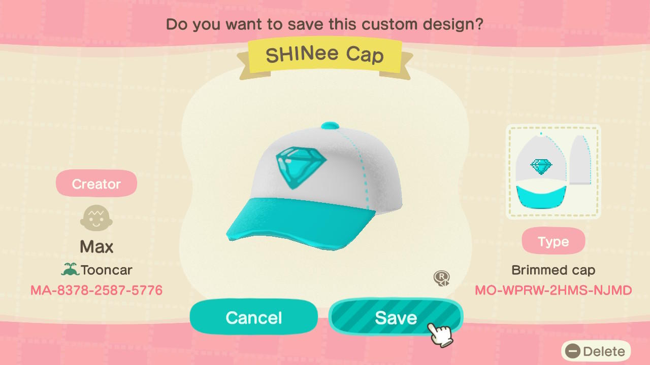 Animal Crossing Design Code: MO-WPRW-2HMS-NJMD SHINee Cap