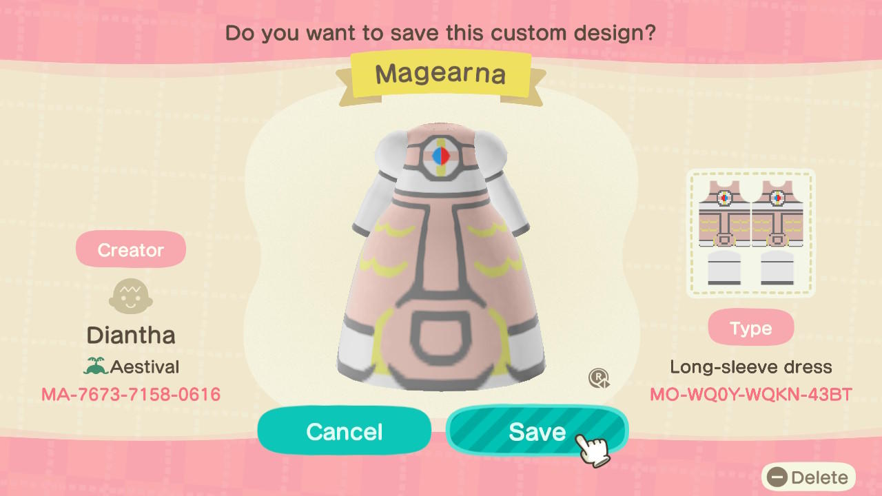 Animal Crossing Design Code: MO-WQ0Y-WQKN-43BT Magearna Dress