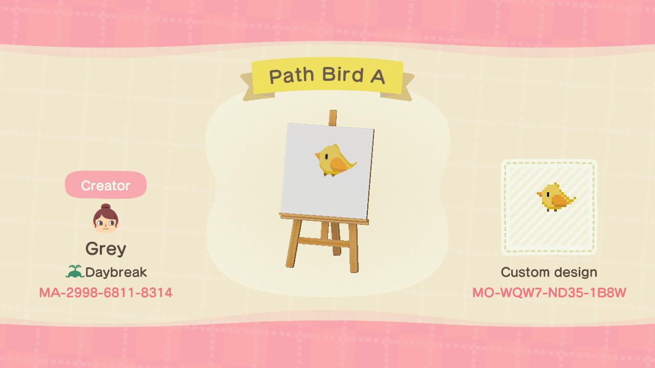 Animal Crossing Design Code: MO-WQW7-ND35-1B8W Path Bird A
