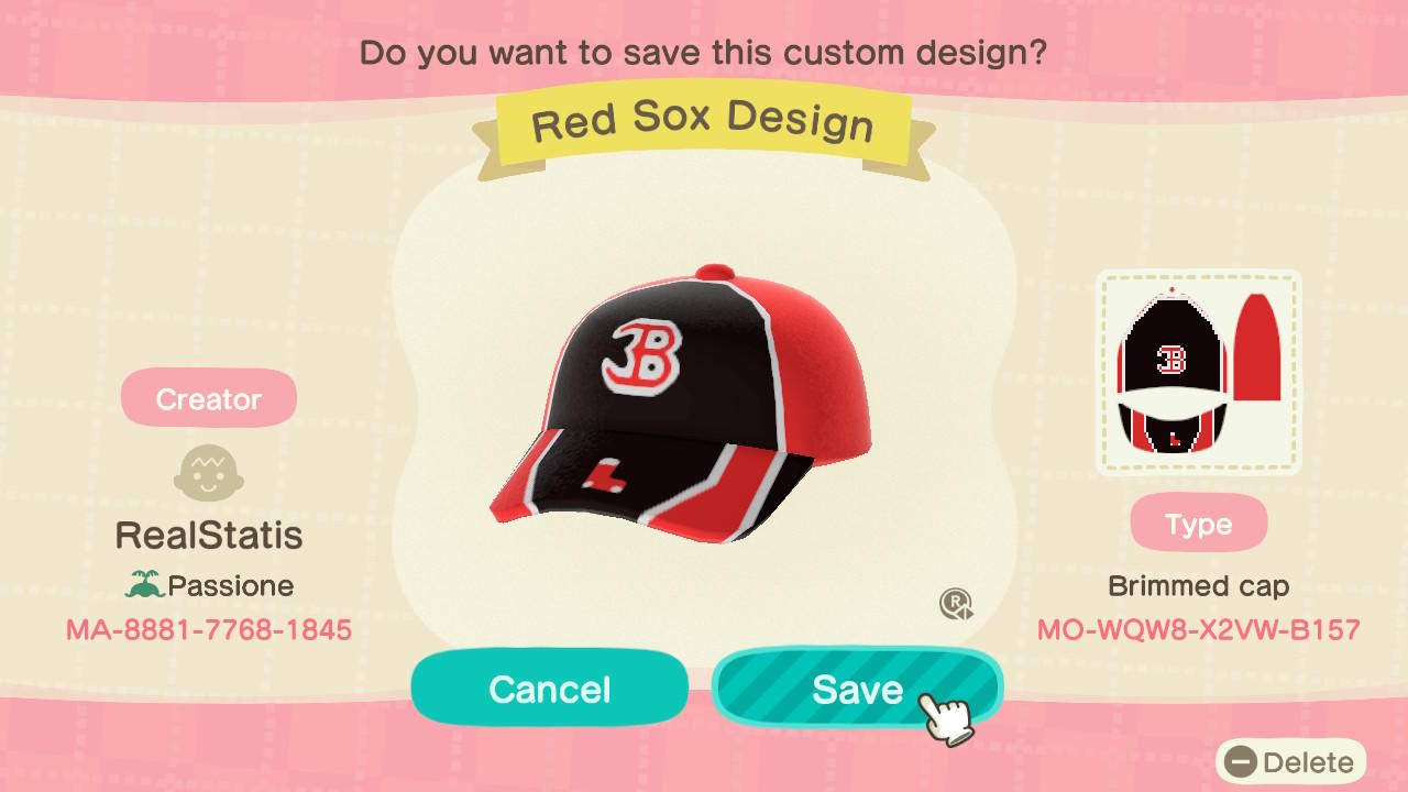Animal Crossing Design Code: MO-WQW8-X2VW-B157 Red Sox Cap