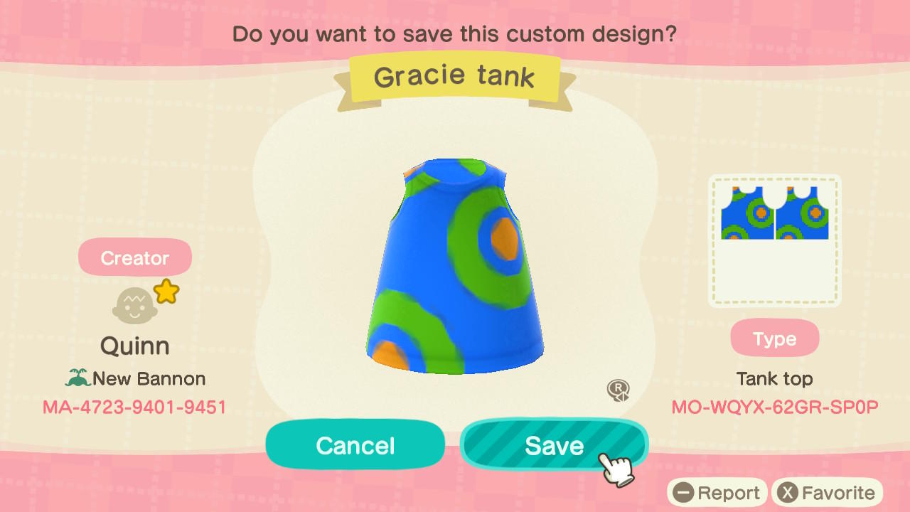 Animal Crossing Design Code: MO-WQYX-62GR-SP0P Gracie Tank