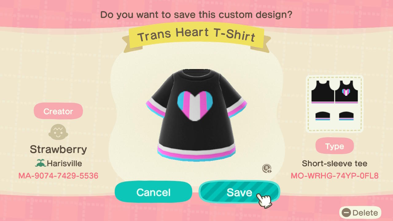 Animal Crossing Design Code: MO-WRHG-74YP-0FL8 Trans Heart T-Shirt