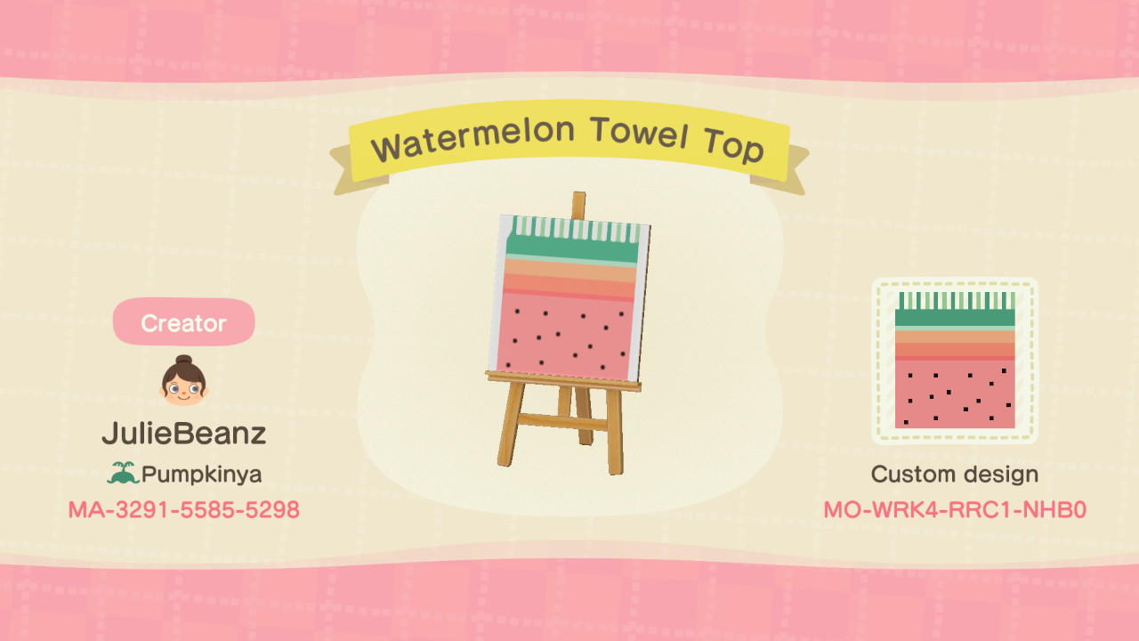Animal Crossing Design Code: MO-WRK4-RRC1-NHB0 Watermelon Towel Top