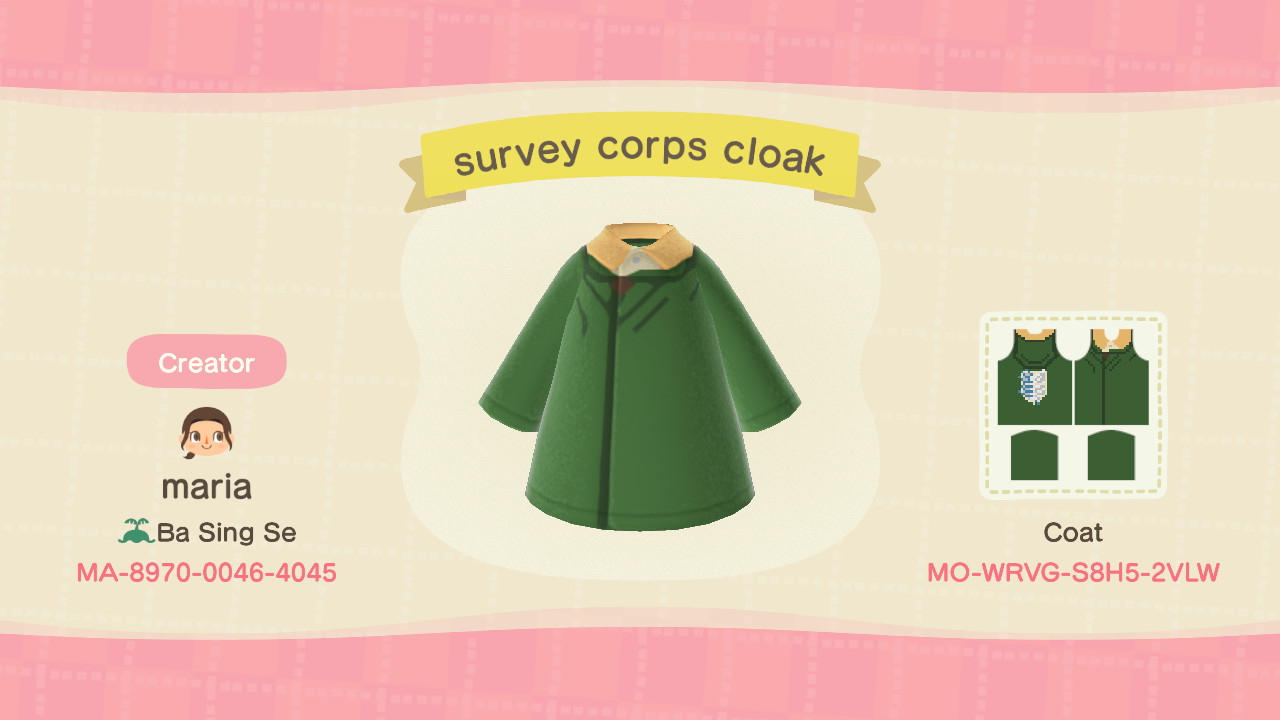Animal Crossing Design Code: MO-WRVG-S8H5-2VLW survery corps cloak