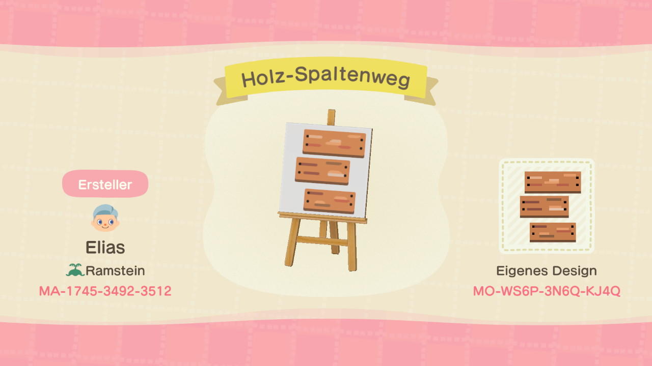 Animal Crossing Design Code: MO-WS6P-3N6Q-KJ4Q Holz-Spaltenweg