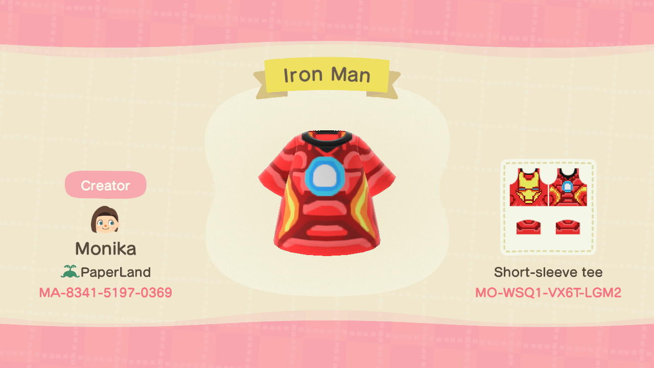 Animal Crossing Design Code: MO-WSQ1-VX6T-LGM2 Iron Man
