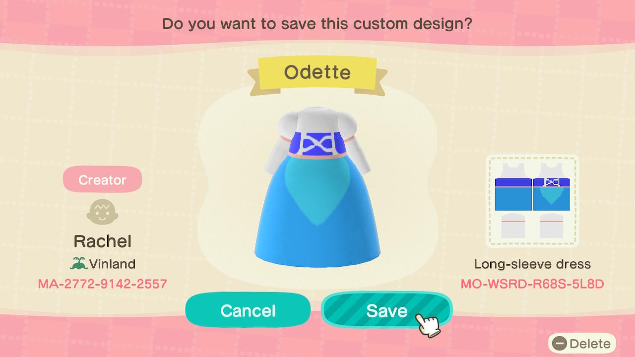Animal Crossing Design Code: MO-WSRD-R68S-5L8D Odette