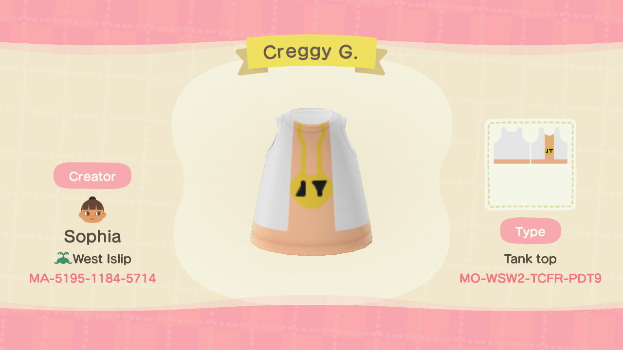 Animal Crossing Design Code: MO-WSW2-TCFR-PDT9 Creggy G.