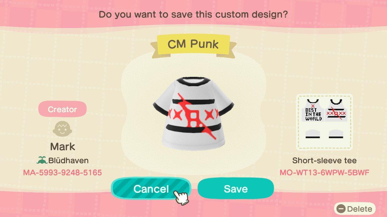 Animal Crossing Design Code: MO-WT13-6WPW-5BWF CM Punk