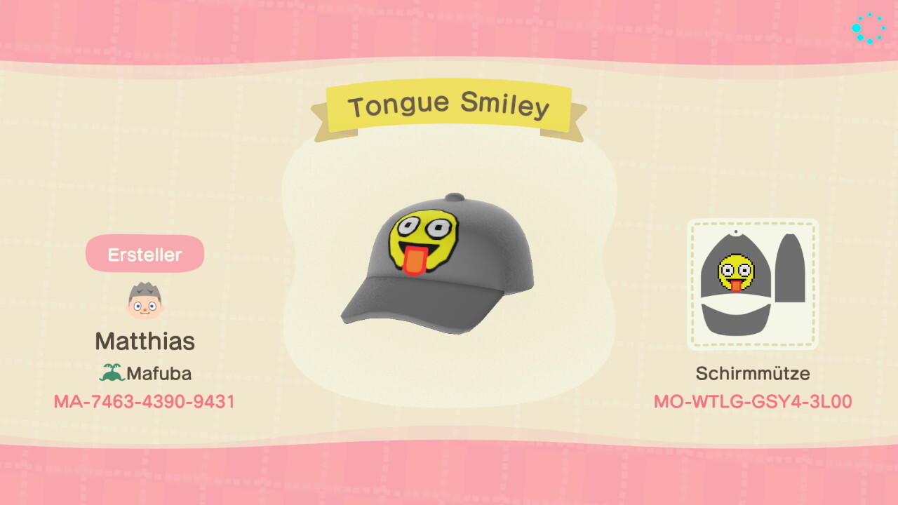 Animal Crossing Design Code: MO-WTLG-GSY4-3L00 Tongue Smiley