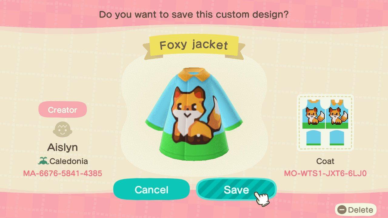Animal Crossing Design Code: MO-WTS1-JXT6-6LJ0 Foxy jacket