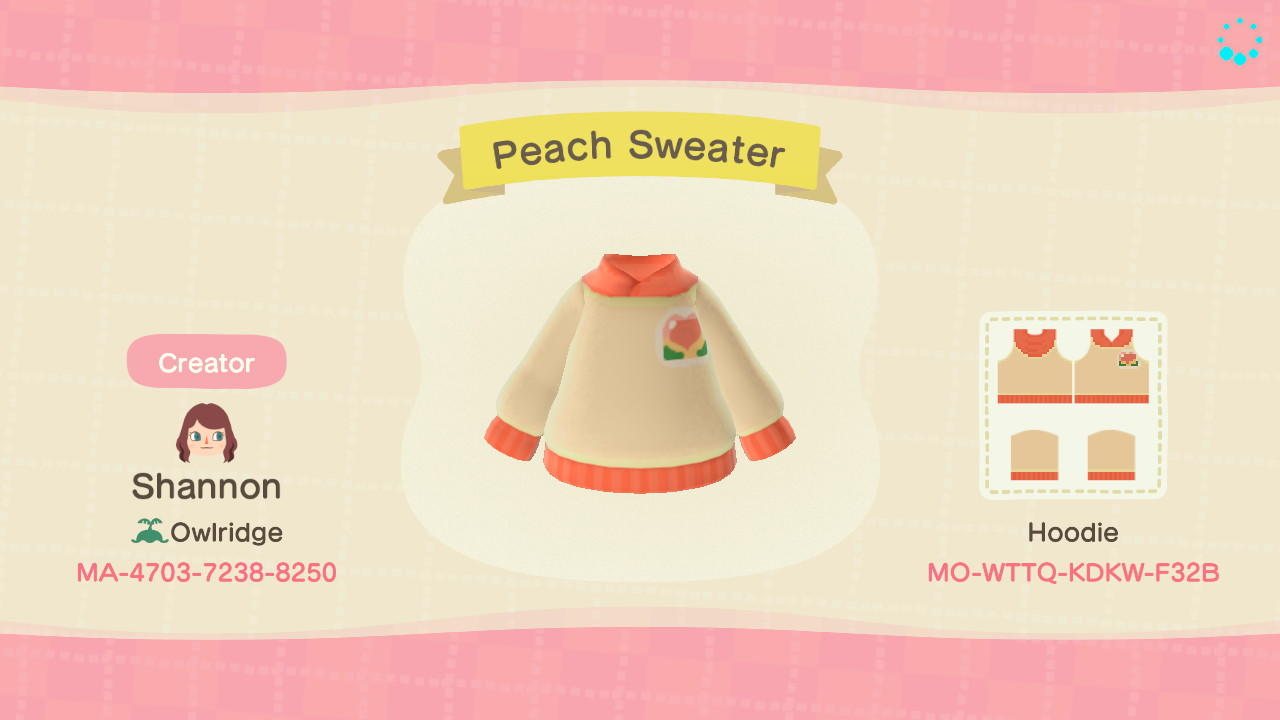 Animal Crossing Design Code: MO-WTTQ-KDKW-F32B Peach Hoodie