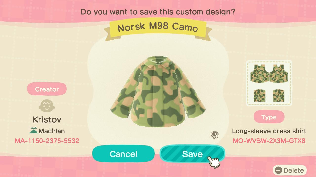 Animal Crossing Design Code: MO-WVBW-2X3M-GTX8 Norsk M98 Camo
