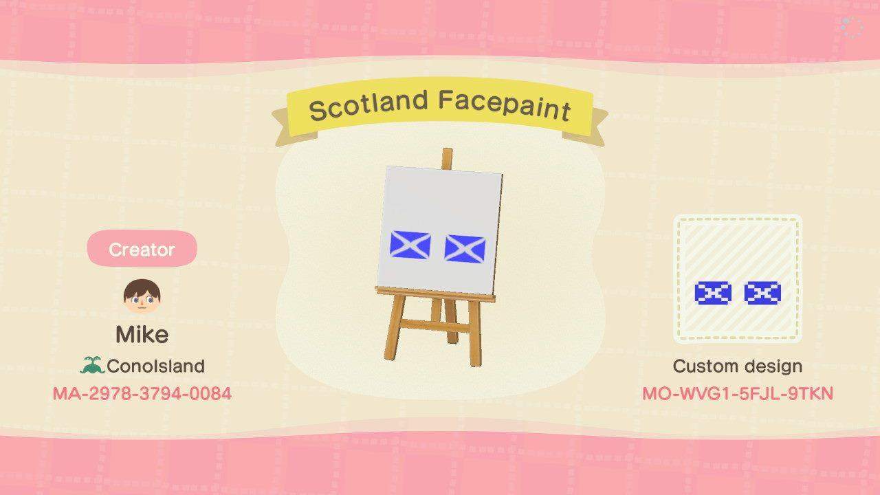 Animal Crossing Design Code: MO-WVG1-5FJL-9TKN Scotland Facepaint