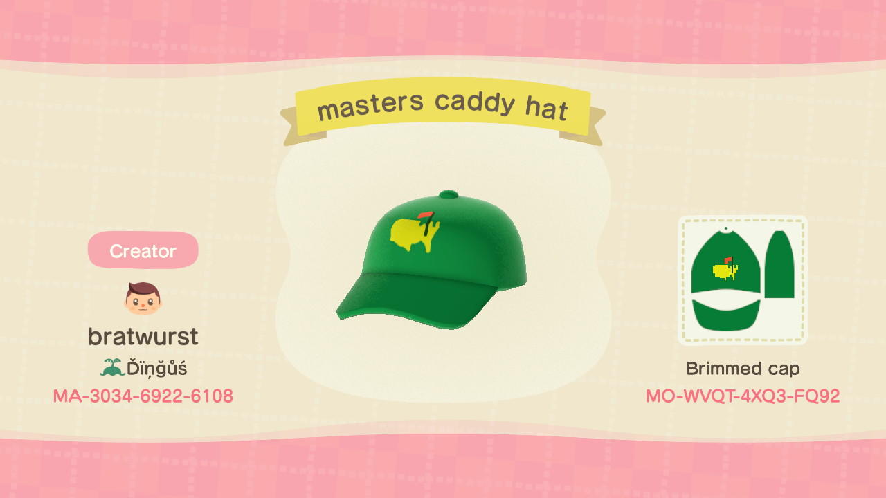 Animal Crossing Design Code: MO-WVQT-4XQ3-FQ92 Masters Caddy Hat